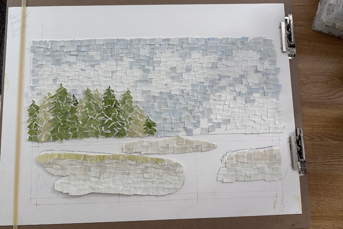 Maine Coastal Charm Watercolor Collage in Progress