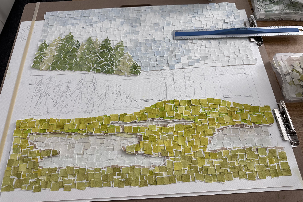 Maine Coastal Charm Watercolor Collage in Progress
