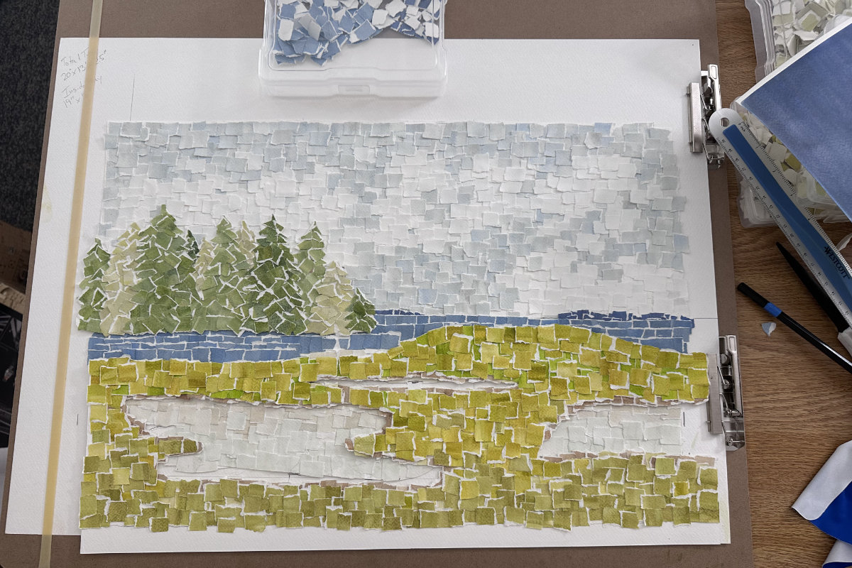 Maine Coastal Charm Watercolor Collage in Progress