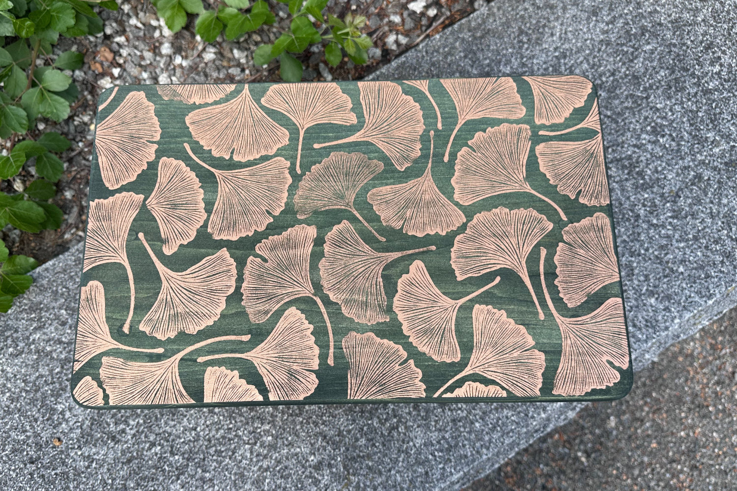 Top of stool - printed with Ginkgo leaves.