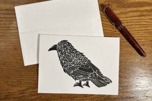 linoblock crow greeting card
