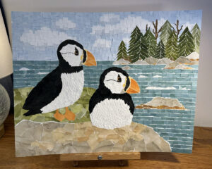 atlantic puffin watercolor collage by Hannah Susan Bennett