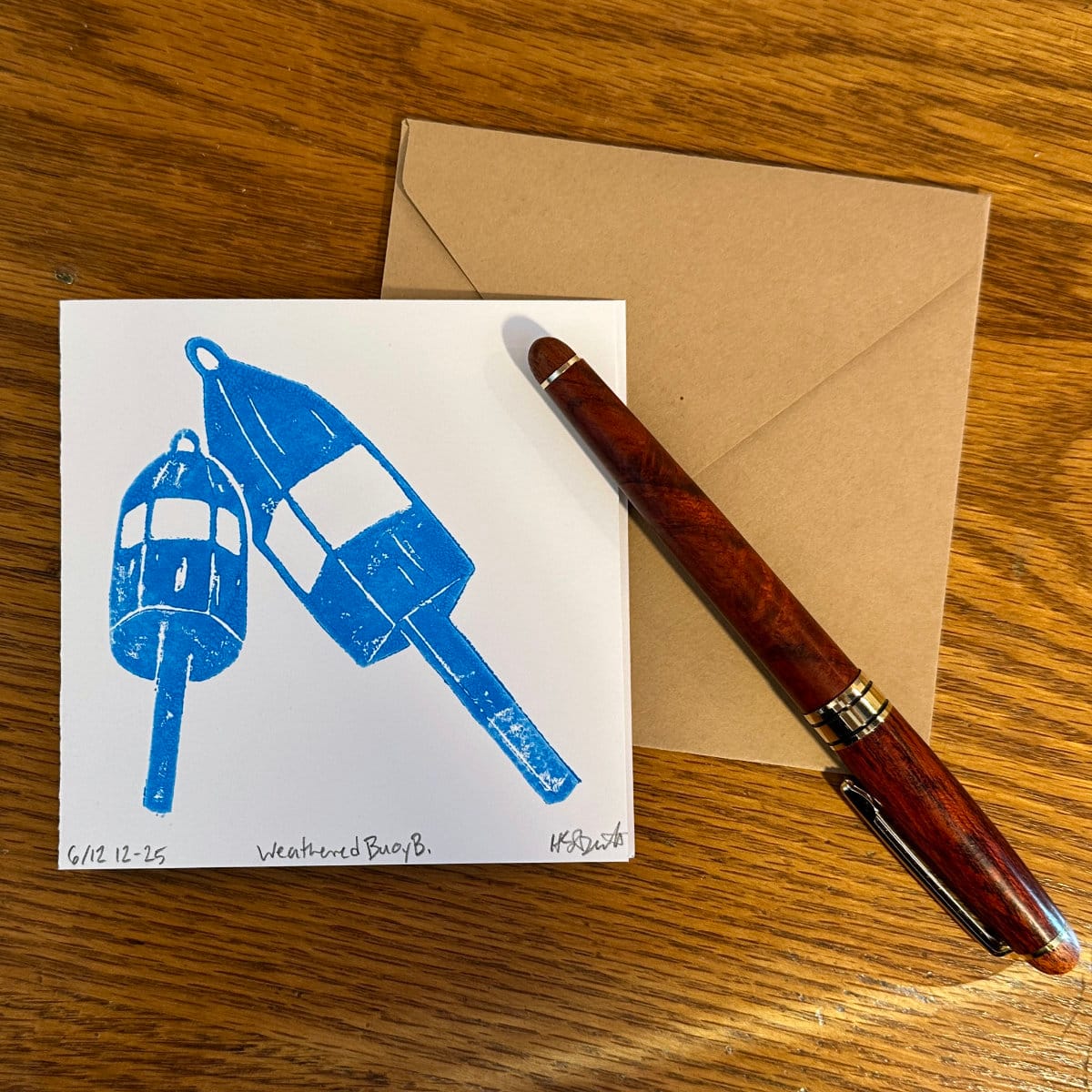 lino block weathered buoy blue greeting card